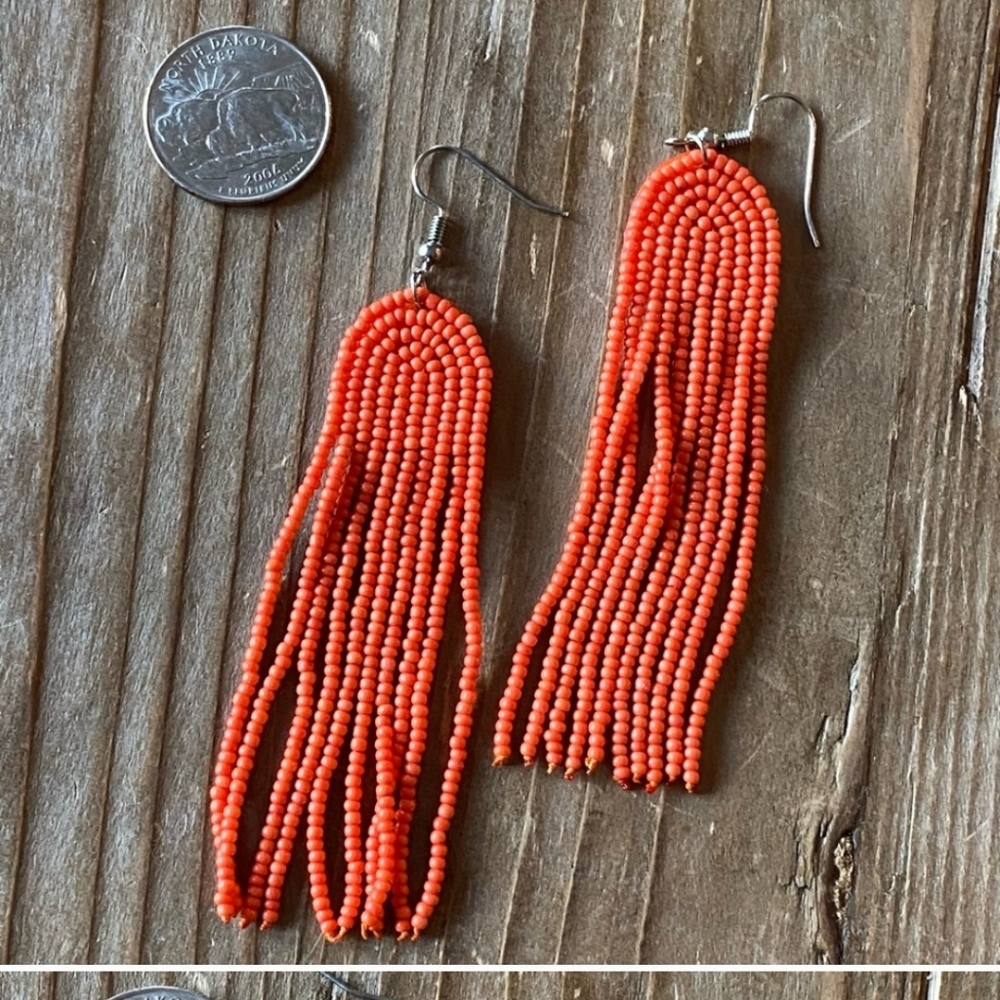Boho Orange Beaded Fringe Earrings